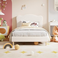 Bed Frame for Kids Upholstered Single Bed with Scallop Headboard for Girls Boys