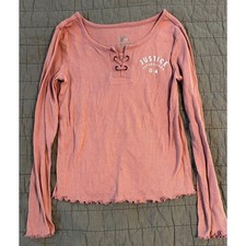Justice pink long sleeve shirt with lace up and glitter detail, girl's size 10