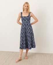 PACT Organic Fit Flare Square Neck Dress - Paradise Petals Navy Blue NWT