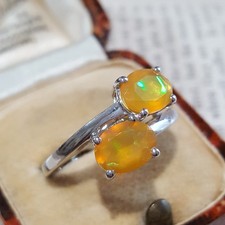 925 Sterling Silver Ring, Genuine Opal Crossover Ring, Size Q US 8, Multicolour