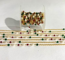 White Rice Pearl with Red & Green Beads Rosary Chain Gold Plated Jewelry Making