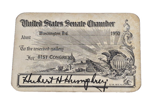 U.S. Senate Chamber Washington D.C. 81st Congress Visitor Pass Humphrey F4AS