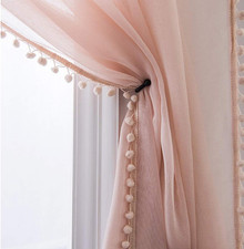 Linen Look Pom Pom Tasseled Sheer Curtains - Rod Pocket Voile Semi-Sheer Curtain