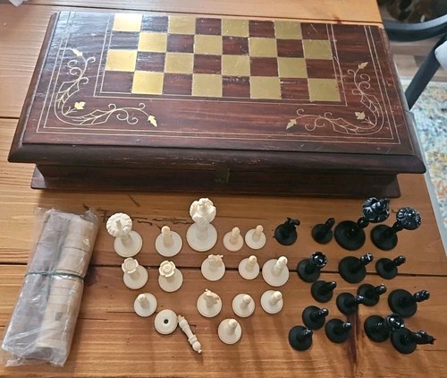 Vtg Antique? Wood Chess Gaming Board Box Folding Storage Latched Inlaid Metal 
