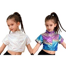 Kids Girls Crop Top Streetwear Dance Cropped Metallic Competition Hip Hop Jazz