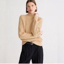 J Crew Relaxed Rollneck Fisherman Cotton Sweater Tan Size Small