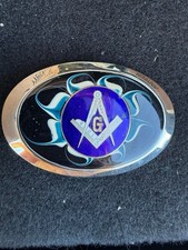 Vintage Masonic Freemason Belt Buckle Blue Enamel G Square  Compass Oval