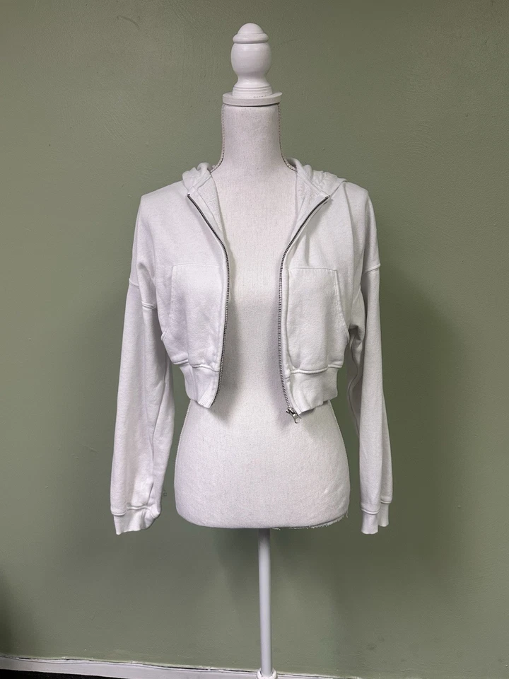 Chaqueta con Capucha H&M Dividida Recortada Cremallera Blanca, Talla Pequeña Foto 2 de 4