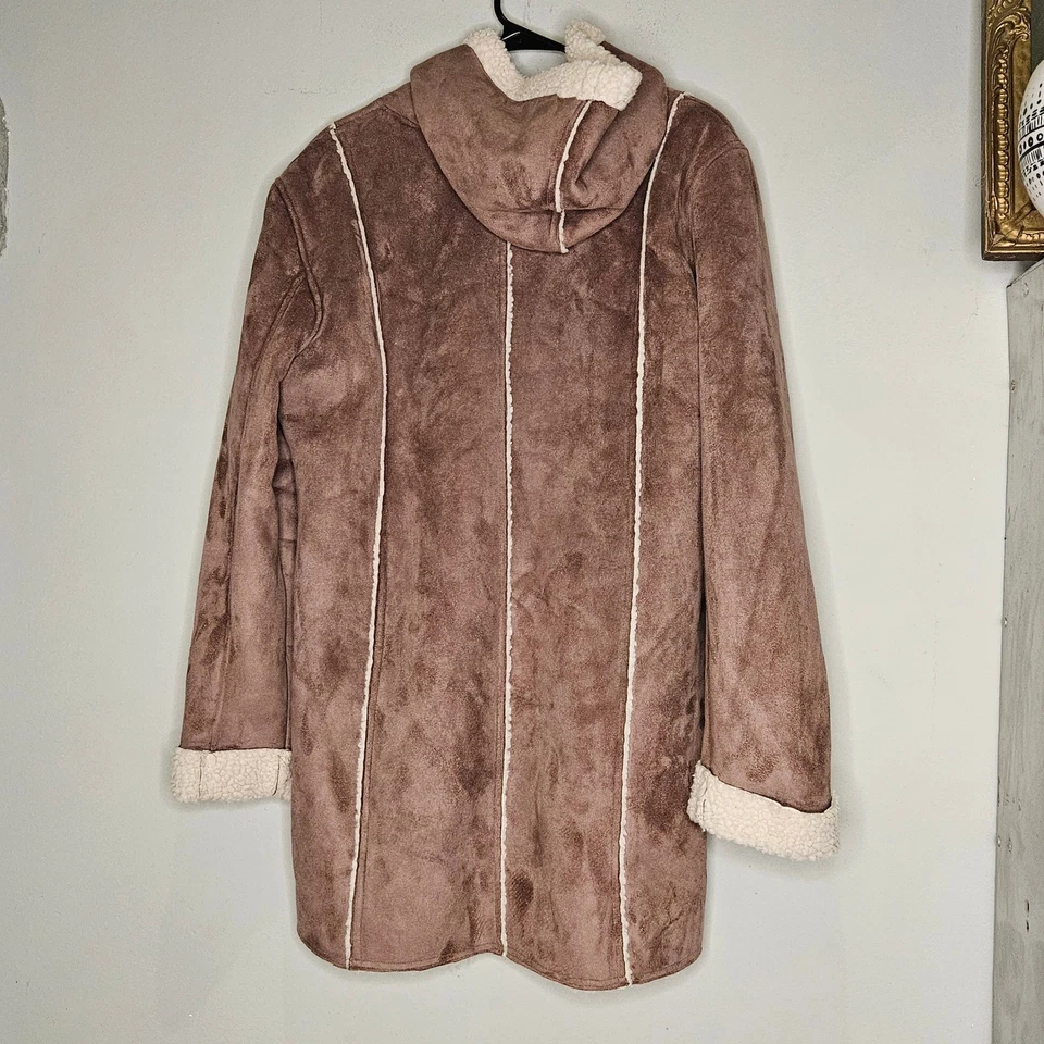 Y2K Faux Brown Suede Lg Sherpa Trim Hooded Coat Women's Longline Jacket Earthy - Image 3 of 4