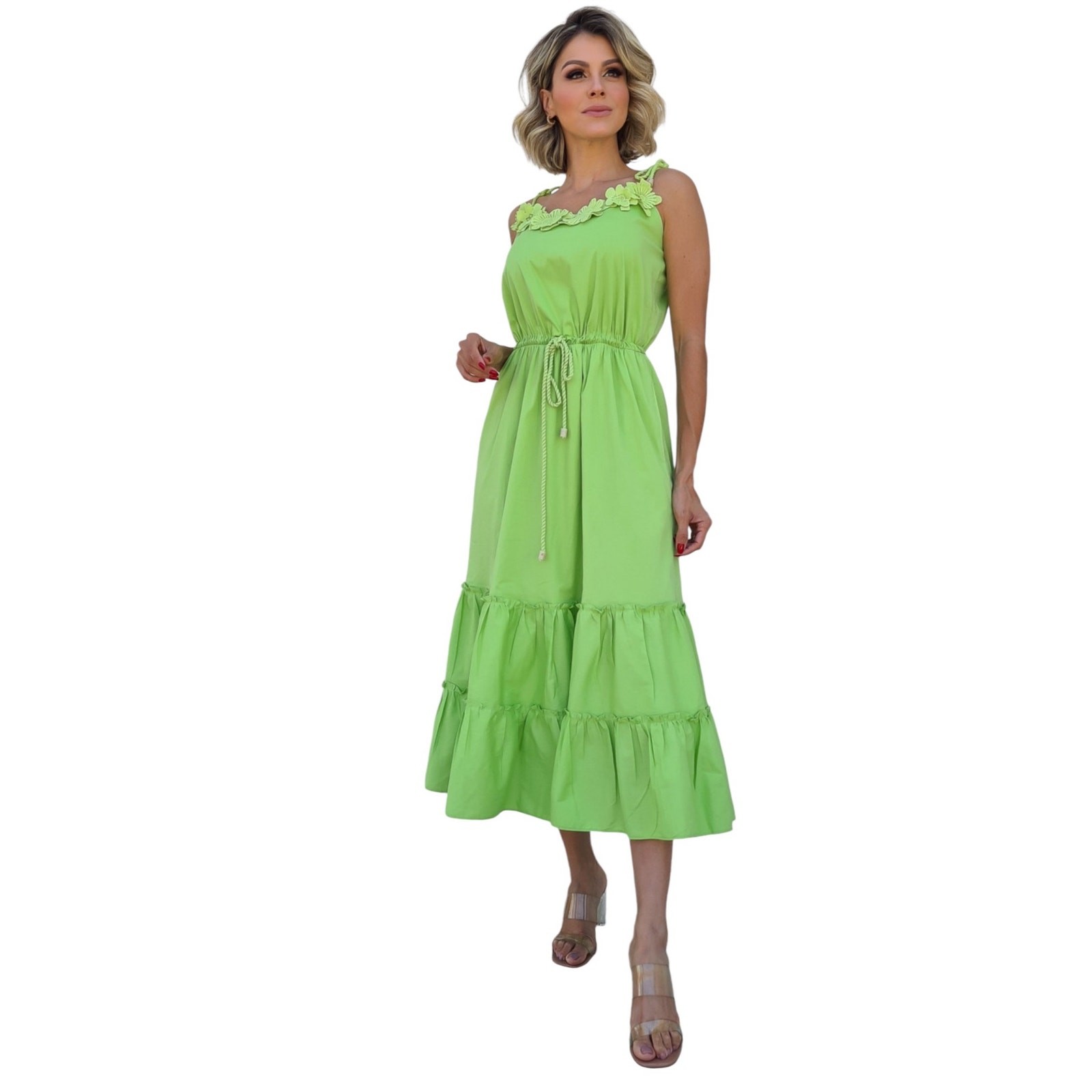 Luzia Fazzolli Tiered Green Maxi Sundress, Made in Brazil, Size 44(XL)