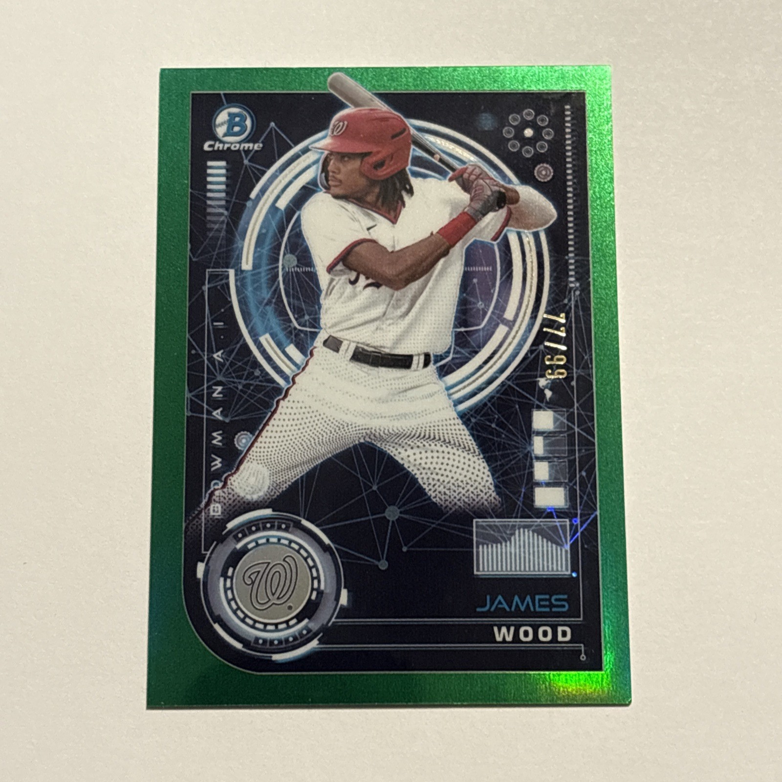 James Wood 2024 Bowman Chrome Bowman AI Green Refractor Insert /99 Nationals 