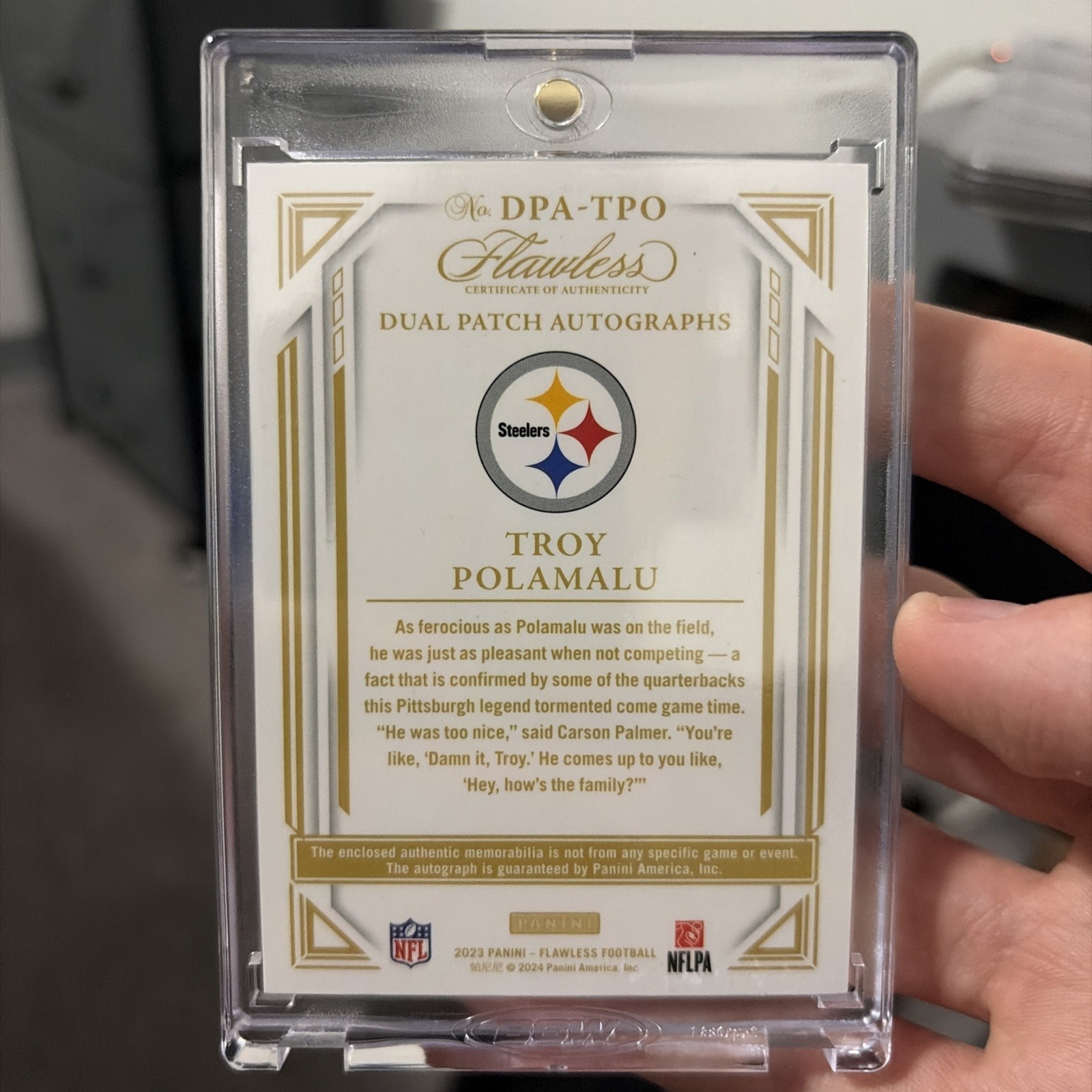2023 Panini Flawless Dual Patch Autographs Troy Polamalu 1/1 #DPA-TPO Platinum view 2