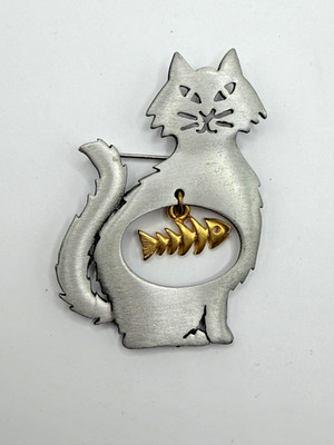 JJ CAT BROOCH PIN PEWTER SILVER TONE GOLD FISHBONE DANGLE VINTAGE JEWELRY