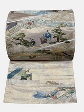 Japanese Kimono Fukuro Obi Embroidery Landscape Figure Pure Silk Masterpiece