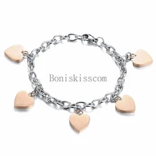 Rose Gold Tone Stainless Steel Love Heart Charm Chain Bracelet Women's Gift