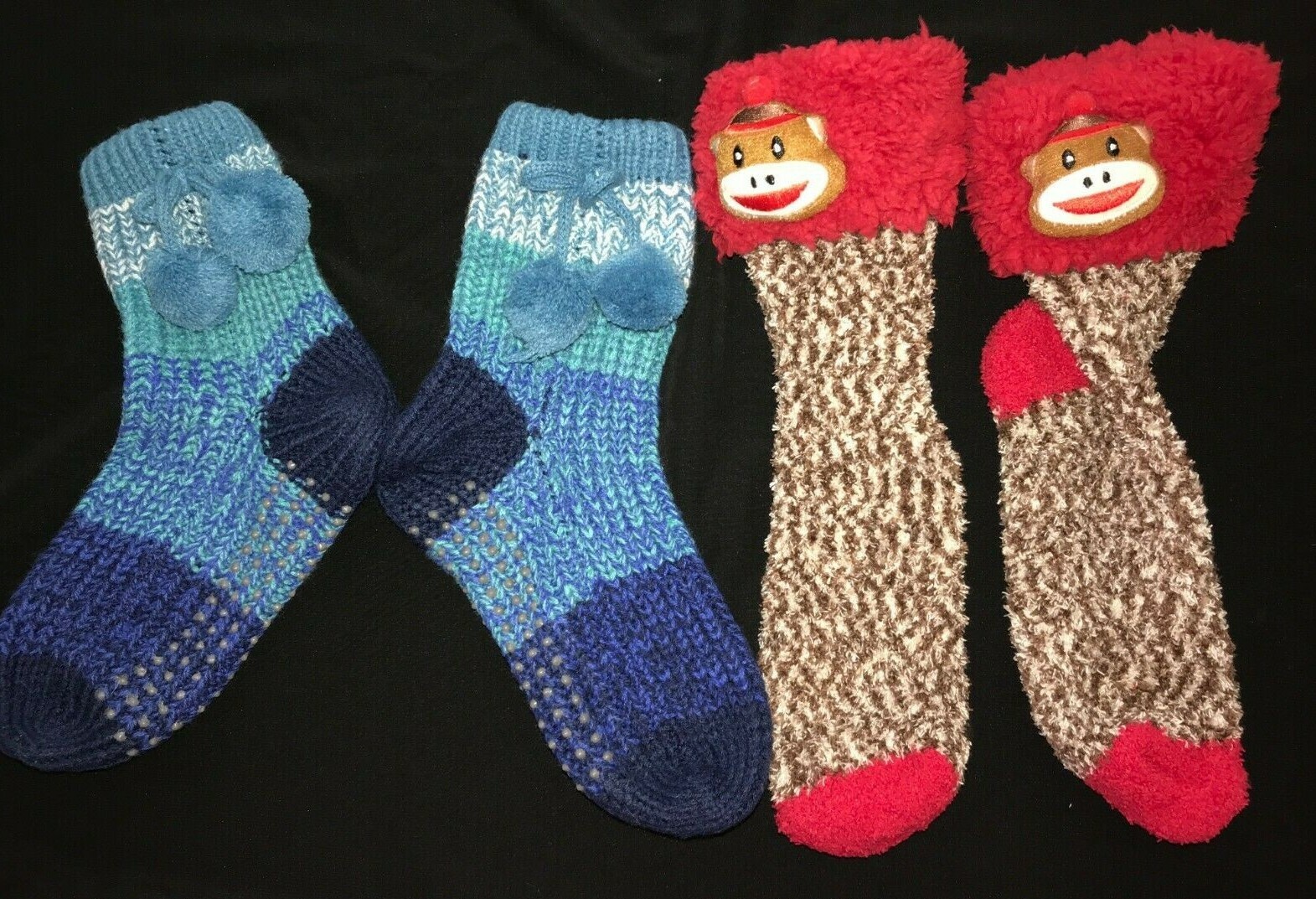 2 pair girls GRIPPER SLIPPERS MONKEY POM POM blue gred brown 8 INCHES ...