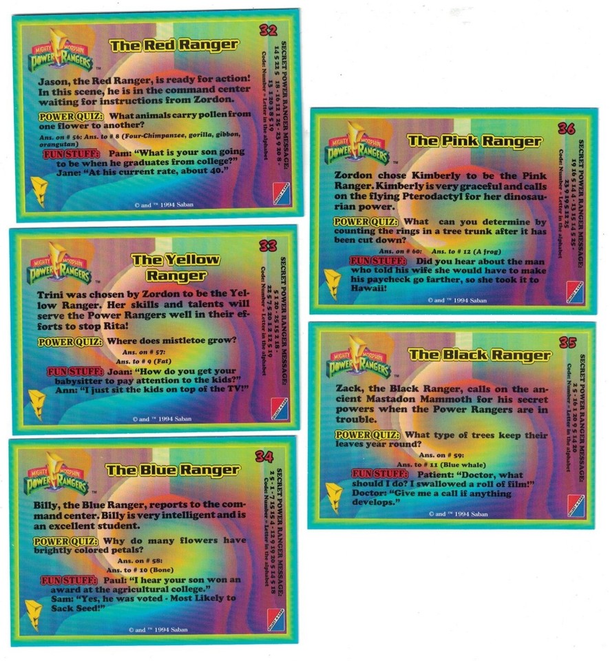 1994 SABAN MIGHTY MORPHIN POWER RANGERS CARD ALL 5 RANGERS 32, 33, 34 ...
