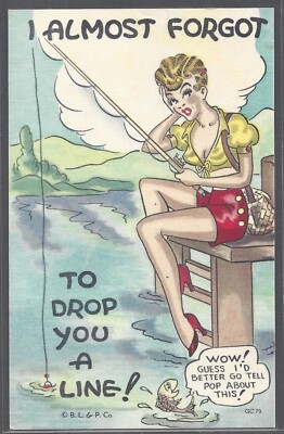 ALMOST FORGOT TO DROP YOU A LINE Postcard Fishing Humor Linen Art