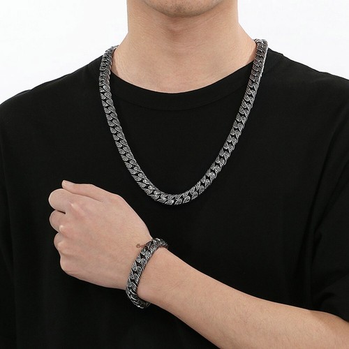 Bracciale Uomo Maglia Cubana Acciaio Inox Incisione Treccia Catena Vite Collana 12mm - Foto 3 di 21