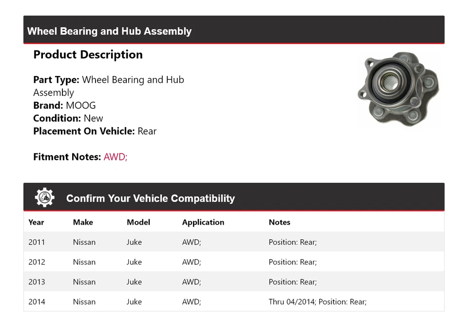 Conjunto de cojinete de rueda y buje trasero MOOG 2011 2012 para Nissan Juke AWD 2011-2014 Foto 2 de 4