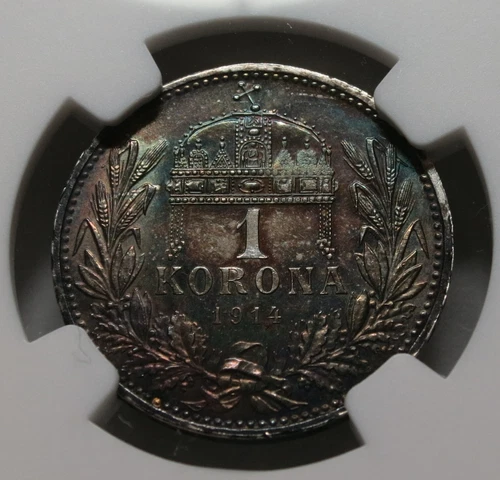 HUNGARY AUSTRIA empire 1 korona 1914 KB NGC UNC Details Silver Rainbow toning