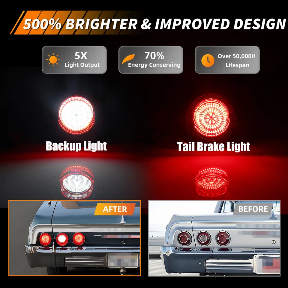 6X Red LED Rear Tail Light Lenses & White LED Backup Lamps For 1964 Chevy Impala - Image 2 of 4