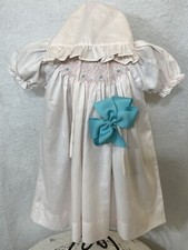 VTG Petit Ami Pink Smocked Embroidered Roses Bishop Dress 6M Months Bonnet, Bow