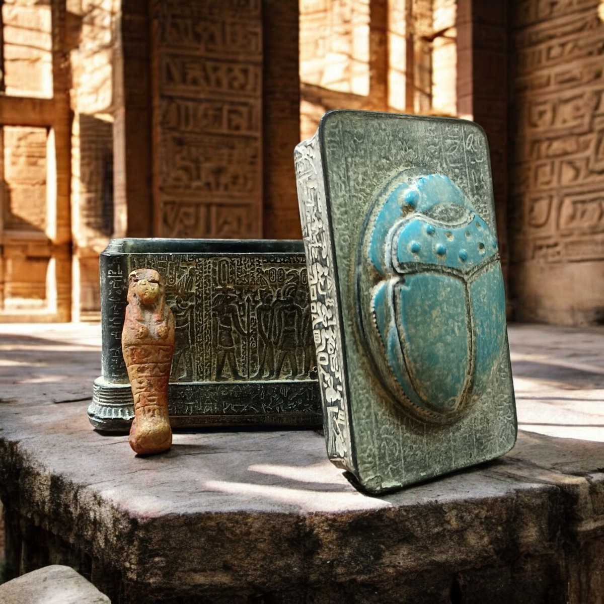 RARE ANTIQUE EGYPTIAN SCARAB JEWELRY BOX, GUARDS OF THE PHARAOHS