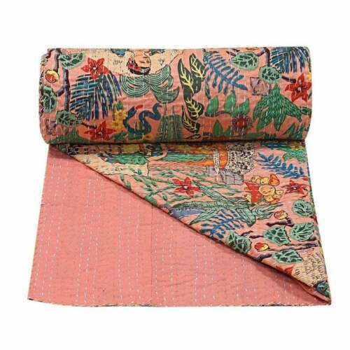 Multicolor Home Made Cotton Kantha Quilt Flower Print Bedspread Bed Cover Quilt - Picture 4 of 5
