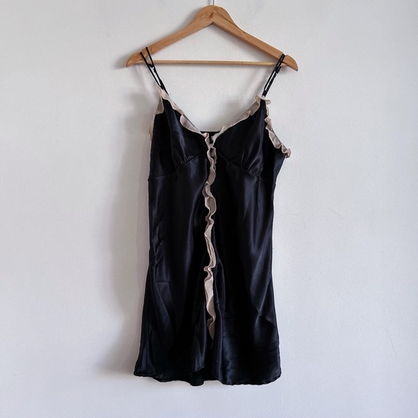 Black Satin Slip Dress Ruffle Button Detail Short Stories Mini y2k