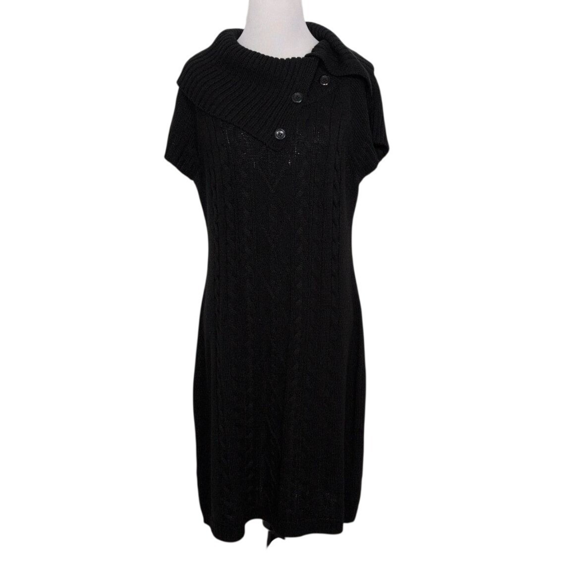 Calvin Klein Cable Knit Sweater Dress Womens Size Large Black Button Cowl Neck