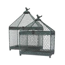 Decorative Bird Cages Set of 2 Grey Wire Metal Candle Plant Pot Display Cage