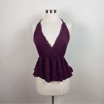 Kendall & Kylie Dark Purple V Neck Halter Top Women Small