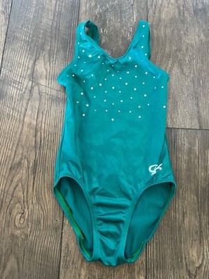 GK Elite Leotard Gymnastics CM Child Medium Green w/ Rhinestones