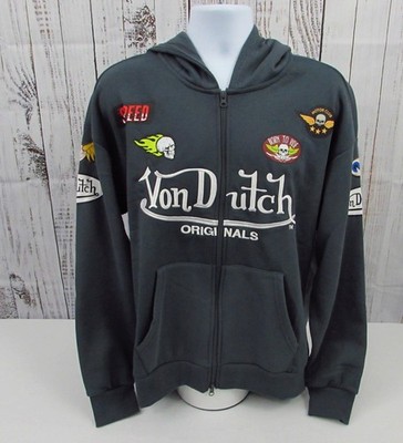 Von Dutch ''Born To Ride'' Eye Ball Logos Full Zip Fleece Gray Hoodie Large NWT.