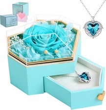 Preserved Cyan Real Rose with Necklace Forever Flowers Diamond shaped Box for Mo