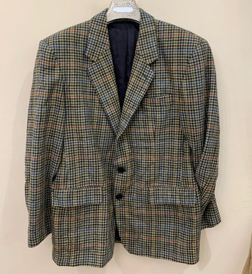 Vintage houndstooth plaid pure wool handwoven tweed jacket blazer 42R