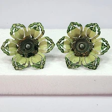 Set of 2 Antique Green Flower Brass Center Button Curtain Push Pin Tie Backs