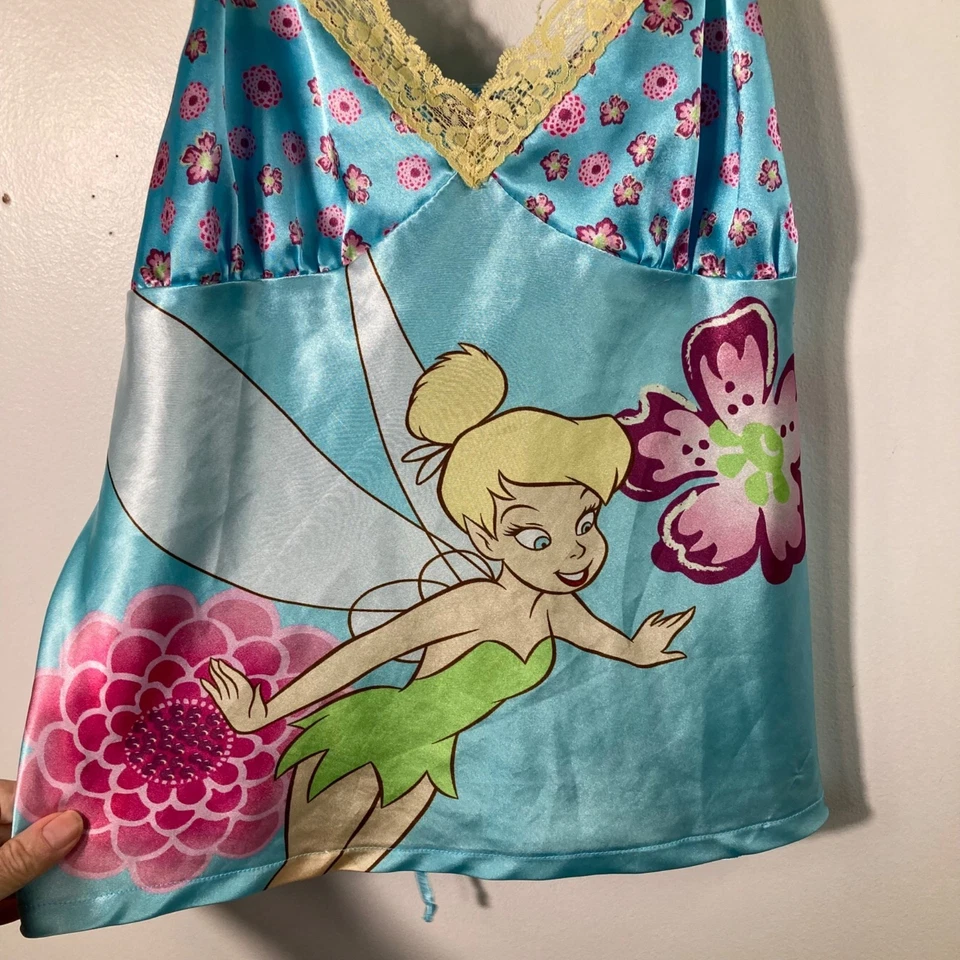 Женский винтажный атласный топ Y2K Disney Tinkerbell L синий желтый розовый - Изображение 4 из 4