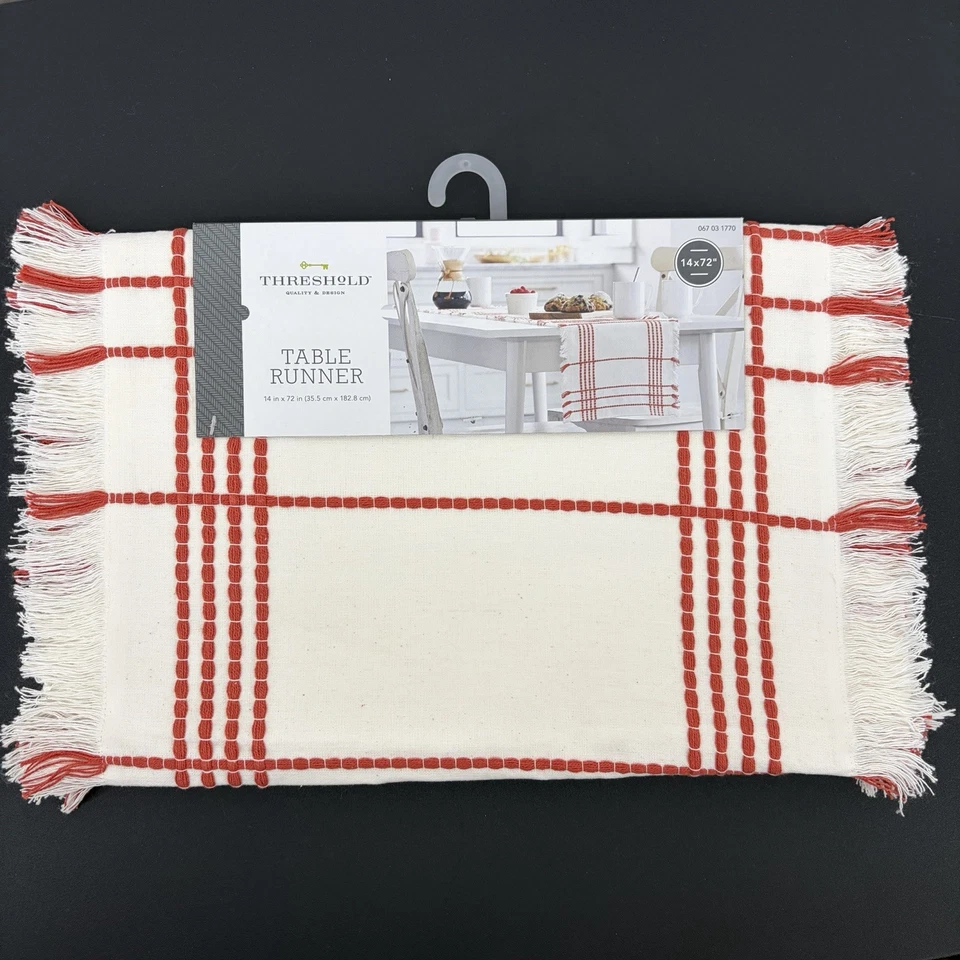 Threshold Table Runner NEW 14x72 Red Off White Ivory Cotton Fringe Stripe - Image 2 of 4