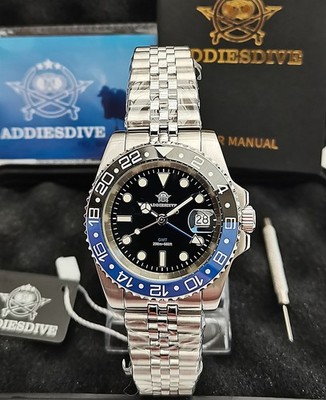 NIB ADDIESDIVE AD2050 ALL STEEL BLK/BLUE GMT UHR SWISS RONDA 515.24H 200mm BGW9