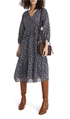 MADEWELL Tie Waist Blue Floral Lined Midi Dress Size XL NWT
