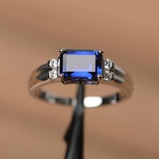 blue sapphire ring emerald cut wedding ring sterling silver ring for women