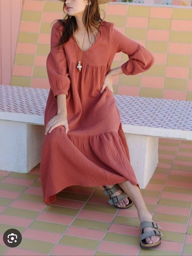 Abito donna 7 For All Mankind arancione bruciato oversize garza a strati cotone taglia XS - Foto 6 di 7