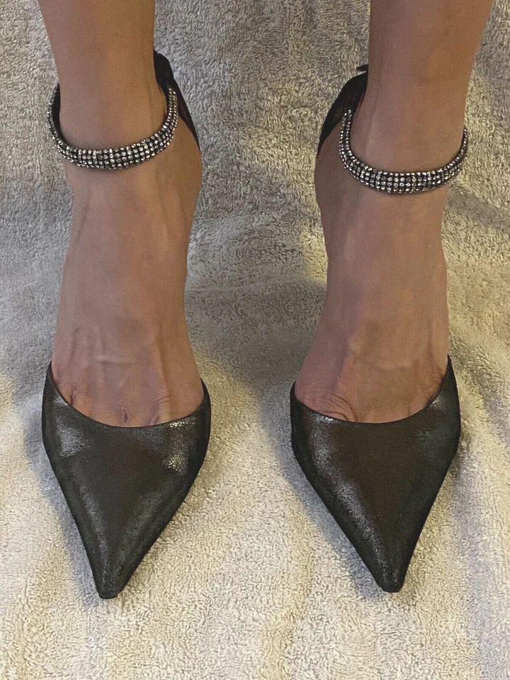 Loriblu 尺寸 9 - 39 尖头高跟鞋深银色施华洛世奇踝带性感 — 第 2/4 张图片