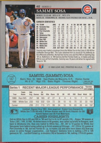 1991 Donruss #147 1992 Leaf #412 SAMMY SOSA Chicago Cubs - Picture 2 of 2