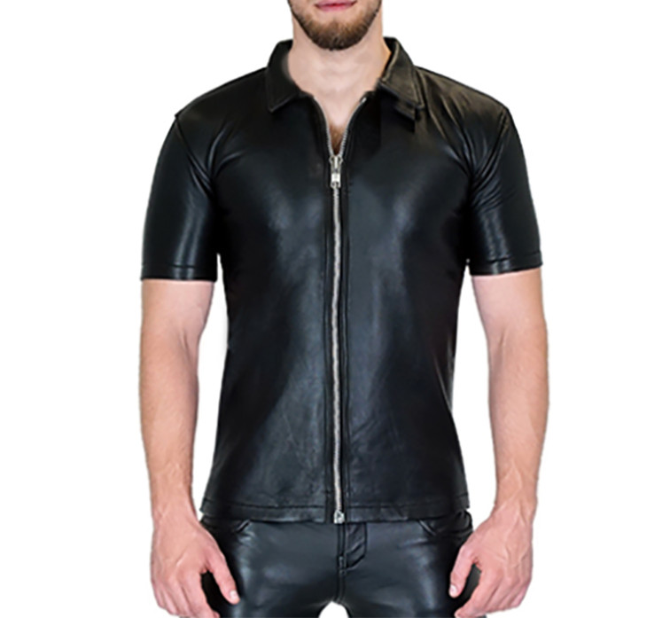 Men's Real Leather Zip Up Shirt Sexy Short Sleeve Leather Shirt With Zip Front