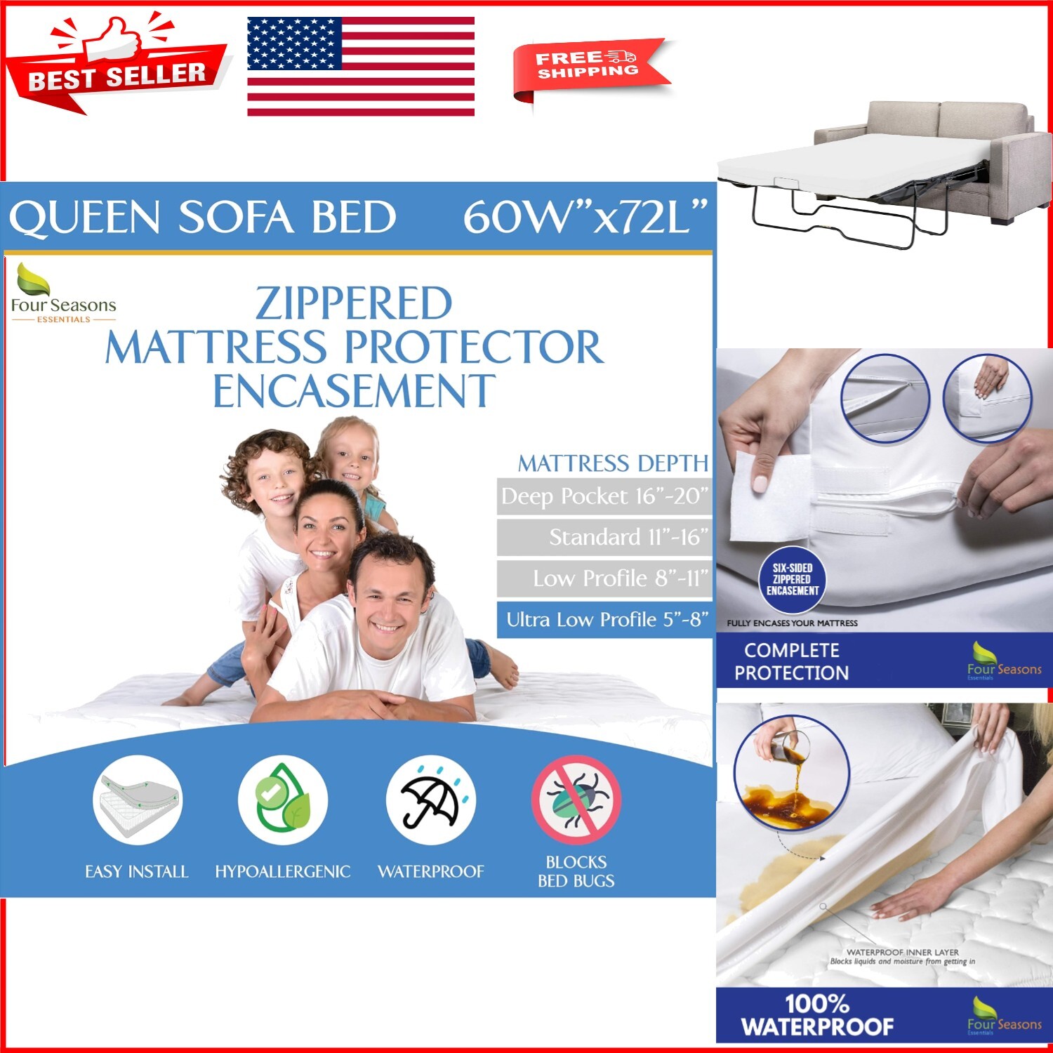 Hypoallergenic Sleeper Sofa Mattress Encasement - Premium White Cover 60