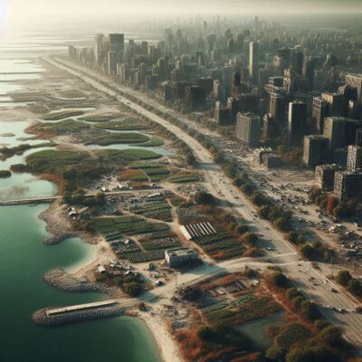 Post Apocalyptic American City Chicago Lakefront Ruins Shanty Town Poster Art B