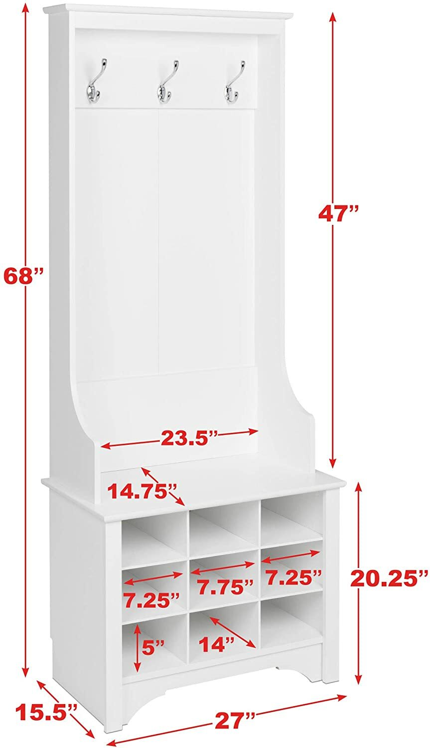 White Narrow Wooden Hall Tree Shoe Storage Cubbies Entryway Coat Rack